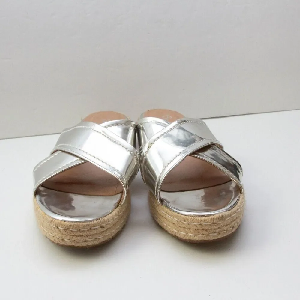 Sergio Zelcer Metallic Silver Chrome Cross Strips Slip On Platform Sandals 10